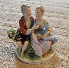 Antique Dresden Courtship Couple Fancy Outfits Sitting Rock Germany Lamb White picture