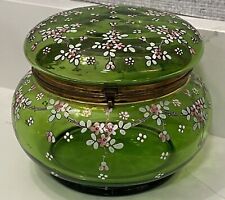 Antique Moser ? Bohemian Green Glass Enameled Large Vanity Dresser Trinket Box picture