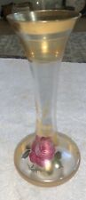 VTG Art Glass Bohemian Style Vase Fluted Top Hand Painted Gold Tone Floral picture
