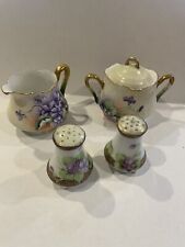 Vtg Hand-painted Violets Creamer, Sugar, Salt &Pepper Shakers Tea Set, Preowned picture