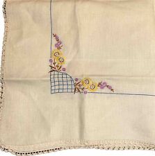 Vintage Cross Stiched Embroidered Square Table Cloth Flowers On Khaki Cloth picture