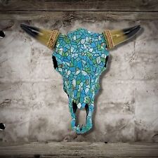 Southwest Mosaic Tribal Turquoise Steer Bull Skull Wall Hanging Decoration Gift picture