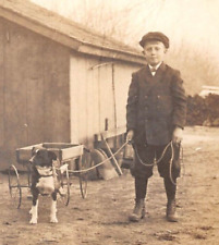 RPPC Well Dressed Young Boy with Dog Wagon in Front of Barn AZO Photo Postcard picture