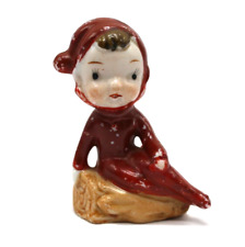 Vintage Mini Red Pixie Elf Sitting on Log Figurine 2.75
