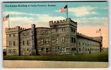 POSTCARD THE KANSAS BUILDING AT CAMP FUNSTON KANSAS FORT RILEY AMERICAN FLAGS P5 picture