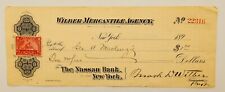 Antique Check, Nassau Bank, New York, Wilbur Mercantile, w/ Revenue Stamp, 1889 picture