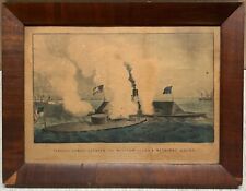 Antique CURRIER & IVES Civil War 'Battle of MONITOR & MERRIMAC' Ships Lithograph picture