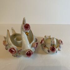 Vintage Chikusa Porcelain Swan Candle Holder & Trinket Occupied Japan - Set of 2 picture