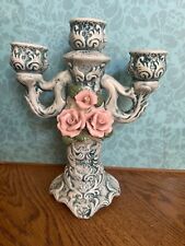 Vintage Ceramic Candelabra 3 Candlestick Holder 3D Beautiful Roses Antique Green picture