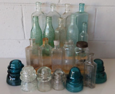 MIXED LOT OF 21 ANTIQUE EMBOSSED BOTTLES & INSULATORS picture