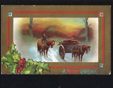 c.1910s A Merry Christmas Horse Carriages Holly Gold Border Postcard UNPOSTED picture