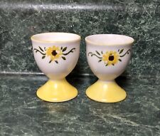 Vintage Pair Hand Painted Egg Cups - Yellow Flowers - Pottery Egg Cups *As Is* picture