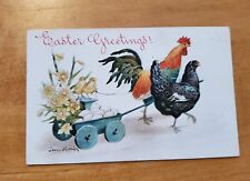 Artist Signed Jenny Nystrom Easter Greetings Rooster Pulling Cart Postcard picture