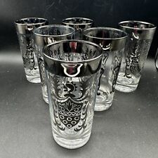 6 Kimiko Vtg Highball Glasses Silver Crest Set MCM Barware Cocktail Signed 1960s picture