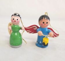 Vintage Wooden Angel Christmas Ornaments Green Blue Dress Drum Erzgebirge Style picture