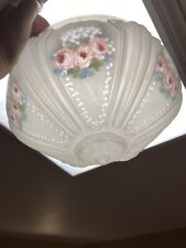 Victorian Glass Reverse Painted Pink Rose Ceiling Light Fixture Shade 10” Fitter picture