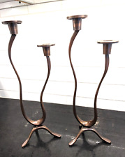 Metal Brutalist Vintage Taper Candle Holders. 2 Wavy Iron Brown/ Copper Matte... picture