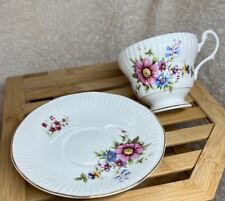 Vintage Royal Minster Fine Bone China Ribbed Footed Teacup & Saucer Wildflowers picture