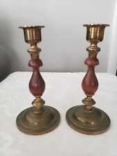Vintage Candlestick Holders Pair (2) Brass Wood Mantle Centerpiece Farmhouse  picture