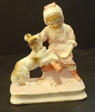 Antique German Bisque Figurine Child W/Spaniel Dog & Doll H. 5