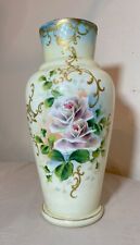 Tall antique hand blown painted milk Bristol glass enamel enameled flower vase picture