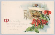 Hearty Christmas Greetings, Poinsettias & Cozy Fireplace Scene, Vintage Postcard picture