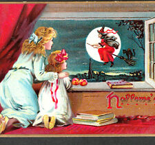 Halloween 1908 Witch Girls Window Tuck Series 150 Broom Moon Cat Apple PostCard picture