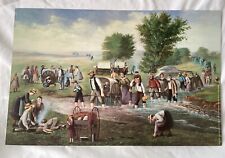 LDS Art Mormon Pioneers Lesson Poster 11x17” Vtg Handcart Families Near Stream picture