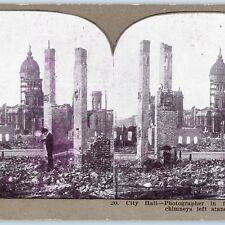 c1900s San Francisco, CA City Hall Chimney Earthquake Fire Ruins Stereo Card V17 picture
