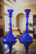 Pair of Portieux Vallerysthal Cobalt Blue Glass Dolphin Koi Candlestick Holder picture