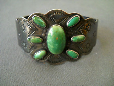 Native American Navajo Green Turquoise Cluster Sterling Silver Stamped Bracelet picture