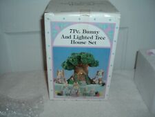 VTG Easter Village Set 7Pc Bunny &Lighted Tree House w/Light Decoration IN BOX picture