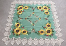 Sunflower & Floral Tablecloth Embroidered Cutout 34x34 Topper Green  picture