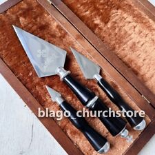 Church Set of Spear with Wooden Handles Blade is Engraved Carved in Wooden Case picture