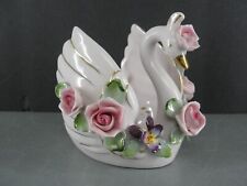 LEFTON HAND PAINTED CHINA PINK SWAN FIGURINE FLOWER TRINKET JEWELRY DISH ANTIQUE picture