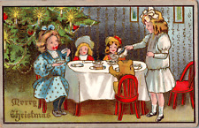 C. 1910 Winsch A Merry Christmas Postcard Cute Girls Playing Dress Up & Tea picture