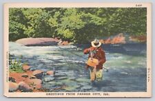 Greetings from Framer City Illinois IL Fly Fishing in Stream 1938 Postcard picture