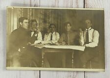 Antique Vintage RPPC 5 Men At Table Eating Playing Cards Turtleneck picture
