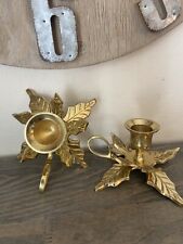 Vtg Brass Poinsettia Holly Leaf Candle Stick Holders Christmas Candleholders picture