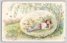 Postcard Easter Greetings Young Girl In Hat Laying In Field With Lambs 1908 picture