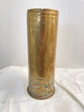 Antique WWI Shell Casing Trench Art Vase Militaria 1918 Brass Leaves Hand Made picture