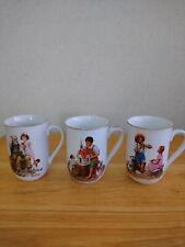Vintage 1982 Set Of 3 Norman Rockwell Coffee Tea Mugs Cups White Gold Trim picture