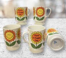 5 Vintage 70's Smiley Face Flower, Have A Nice Day, Pedestal Coffee Cups MCM picture