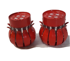 Vintage Red Metal Salt and Pepper Shakers Flowers Checked Top 191 picture