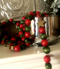 Vtg 8' Cranberry Red & GREEN & Gold Star WOODEN BEAD Xmas GARLAND Wood 94