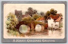 Holiday~Hearty Christmas Greetings~Arch Stone Bridge~Davidson Bros Vtg Postcard picture