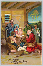 Postcard Christmas Nativity Scene Baby Jesus Gold Gilt Embossed Antique 1909 picture