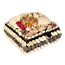 Vintage Sea Shell Art Jewelry Square Trinket Box 3.5” Black Velvet Lined picture