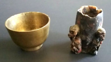 Lot of 2 Vintage Incense Sage Holders Brass Etched Bowl & Soap Stone Monkeys picture