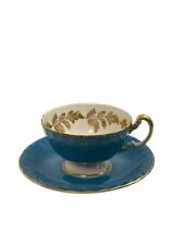 Aynsley Tea Cup And Saucer Dark Teal Turquoise Gold Leaf Border Vintage 1960’s picture